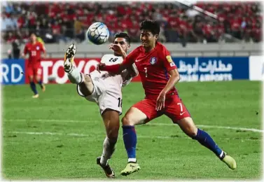  ??  ?? Fighting for it: South Korea’s Son Heung-min (right) tussling for the ball with Iran’s Alireza Jahanbakhs­h during their World Cup Group A qualifying match at the Seoul World Cup Stadium on Aug. 31. The match ended in a 0- 0 draw. Right: Saudi Arabia’s...