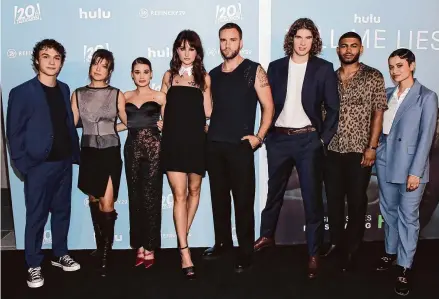  ?? Robin L Marshall/Getty Images ?? Benjamin Wadsworth, left, Catherine Missal, Alicia Crowder, Grace Van Patten, Jackson White, Aiden Alexander, Branden Cook and Sonia Mena attend the Hulu Original “Tell Me Lies” Screening and Red Carpet Event at NeueHouse Hollywood on Sept. 8, 2022, in Hollywood, California.