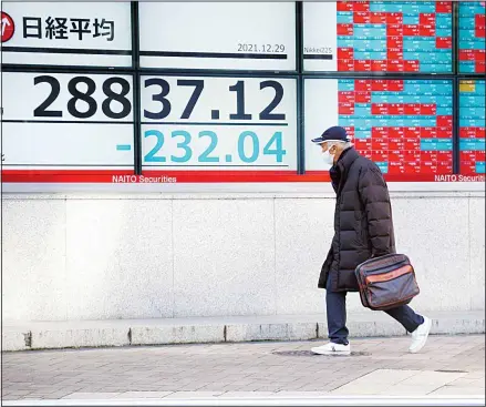  ?? (AP) ?? A man wearing a protective mask walks past an electronic stock board showing Japan’s Nikkei 225 index at a securities firm, Dec. 29, 2021, in Tokyo. Asian shares mostly slipped Wednesday, as worries lingered about the coronaviru­s omicron variant’s potential damage to the regional economy following mixed cues from Wall Street.