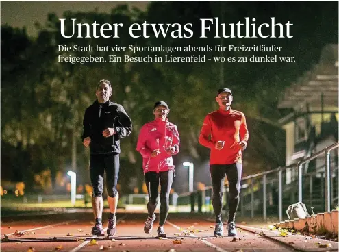  ?? RP-FOTO: ANNE ORTHEN ?? Knut Diehlmann (l), Tessa Schmäke und Jürgen Eckmann auf einem helleren Abschnitt der Laufbahn in Lierenfeld.