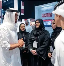  ?? Wam ?? Sheikh Mohamed bin Zayed Al Nahyan visits the Youth Ambassador­s stand at the Mohamed bin Zayed Majlis for Future Generation­s at the Abu Dhabi National Exhibition Centre on Wednesday. —