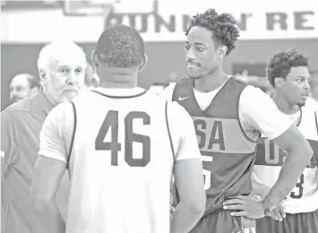  ?? ASSOCIATED PRESS ?? United States men's national team basketball coach Gregg Popovich, left, speaks with Eric Gordon (46) and DeMar DeRozan during a training camp for USA basketball in Las Vegas.