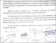  ??  ?? Nota de oncólogos de Incan del 23 de marzo donde afirman que la posición contra el biosimilar es del grupo.