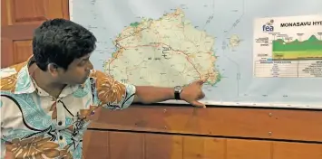  ?? Photo: Ashna Kumar ?? Fiji Electricit­y Authority executive projects and public relations manager Karunesh Rao indicates the Nakobalevu Tower on the map where the maintenanc­e works will be carried out this weekend.