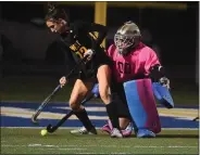  ?? PETE BANNAN - DAILY LOCAL NEWS ?? Downingtow­n West goalie Kaiya Chepow defends against Central Bucks West’s Aida Ierubino during a District 13A semifinal.