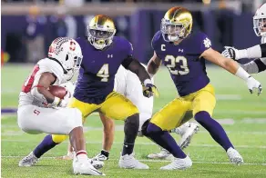  ?? CARLOS OSORIO/ASSOCIATED PRESS ?? Notre Dame linebacker­s Te’von Coney (4) and Drue Tranquill (23) helped stymie Stanford last week. On Saturday, the Irish will be facing No. 24 Virginia Tech.