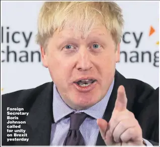  ??  ?? Foreign Secretary Boris Johnson called for unity on Brexit yesterday