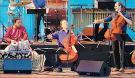  ??  ?? SANDEEP DAS, left, Yo-Yo Ma and Mike Block are part of Silk Road’s ensemble.