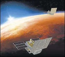  ?? AP ?? Two MARCO Cubesats, a kind of modular, minisatell­ite depicted here, will fly behind Insight lander on the Mars cruise.