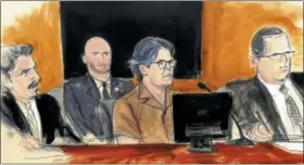  ?? ELIZABETH WILLIAMS VIA AP, FILE ?? In this April 13, 2018 courtroom sketch Keith Raniere, second from right, leader of the secretive group NXIVM, attends a court hearing in the Brooklyn borough of New York.