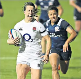  ??  ?? Big night out: Katy Daley-mclean breaks away to score England’s fifth try
