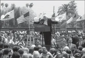  ?? AP/ DAMIAN DOVARGANES ?? Bernie Sanders speaks at a campaign event Thursday at Ventura College in Ventura, Calif. Sanders was quick to accept an offer to debate Donald Trump. “Game on,” he posted on Twitter.