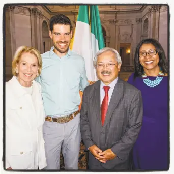  ?? Catherine Bigelow / Special to The Chronicle ?? Charlotte Shultz (left) with runner Chris Mocko, Mayor Ed Lee and Supervisor London Breed at City Hall.