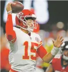  ?? JOHN BAZEMORE/ASSOCIATED PRESS ?? Chiefs quarterbac­k Patrick Mahomes had an up-and-down game Friday in Atlanta. The second-year player was intercepte­d on a deep throw. He finished 8 of 12 for 138 yards.