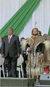  ?? Picture: THEO JEPHTA ?? NEW KING: President Cyril Ramaphosa and Misuzulu stand at attention while singing the national anthem during Misuzulu's coronation over the weekend.