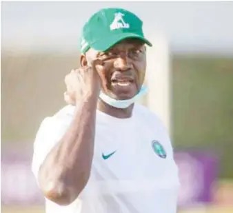  ?? ?? Super Eagles coach, Austin Eguavoen gestures during a training session at the ongoing AFCON in Cameroon