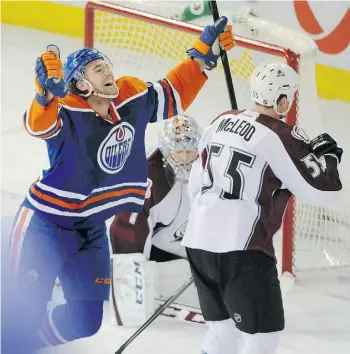  ?? ED KAISER /EDMONTON JOURNAL ?? Luke Gazdic of the Edmonton Oilers celebrates after Taylor Hall gets his hat-trick goal against the Colorado Avalanche with 11 seconds left in Thursday’s NHL game at Rexall Place.