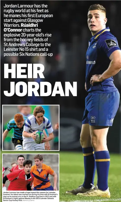  ?? SPORTSFILE/INPHO ?? Jordan Larmour has made a huge impact this season for Leinster, however, his talent was marked out during his time with St Andrew’s (top) as he scored a try in the Fr. Godfrey Cup final in 2012 and with St Andrew’s (right) against Wesley in the 2013...