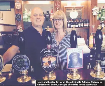  ??  ?? Kevin and Lesley Taylor at the admirable Admiral Rodney in Hartshorne. Below, a couple of entries in the scarecrow competitio­n and the excellent Packhorse at Little Longstone