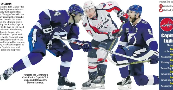  ??  ?? From left, the Lightning’s Chris Kunitz, Capitals’ T.J. Oshie and Bolts centre Steven Stamkos.