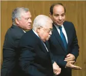  ?? AMR NABI/AP ?? Egyptian President Abdel-Fattah el-Sissi, right, greets Palestinia­n President Mahmoud Abbas, center, and King Abdullah II of Jordan on Sunday in Cairo, Egypt.