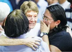  ??  ?? GOODBYE, SISTER — Supporters and friends of Australian missionary nun, Sister Patricia Fox, bids her a tearful goodbye at a Thanksgivi­ng Mass at St. Joseph College, Quezon City shortly before she departs for her home country yesterday after losing a long battle against deportatio­n authoritie­s. (Alvin Kasiban)