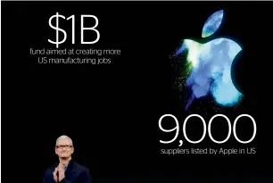  ?? — AP ?? Tim Cook hinted Apple’s initial billion-dollar investment amounts to a tiny fraction of its $257b.