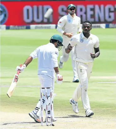  ?? Lee Warren/Gallo Images ?? Kagiso Rabada claims another scalp, this time the wicket of Pakistan batsman Sarfra Ahmed on the second day of the final cricket Test of the series. With SA building a solid lead, they appear on the verge of another victory.Picture: