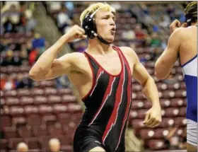  ?? NATE HECKENBERG­ER - FOR DIGITAL FIRST MEDIA ?? Elijah Jones of Boyertown celebrates after beating Connellsvi­lle’s Nate Ansell, 3-1, in the consolatio­n semifinals at the PIAA Championsh­ips in Hershey.