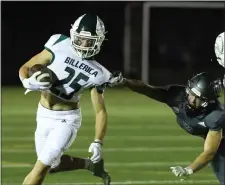  ?? ?? GRAB HOLD: Billerica’s Gus O’Gara gets away from Westford Academy’s Matthew Haggan on Friday night.