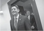  ?? Associated Press ?? House Speaker Paul Ryan of Wisconsin, followed by Rep. Cathy McMorris Rodgers, R-Wash., House Majority Leader Kevin McCarthy, R-Calif., and House Majority Whip Steve Scalise of Louisiana, leaves a closed-door strategy session Tuesday on Capitol Hill in...