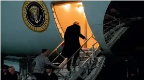  ??  ?? President Donald Trump boards Air Force One at Ramstein Air Field, Germany. Trump was en route back to his Mar-a-lago estate in Palm Beach, Florida, after a surprise visit to Afghanista­n. This week he flies to Britain and his advisers fear he will have something to say about the forthcomin­g British election.