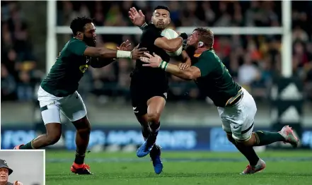  ?? GETTY IMAGES ?? All Blacks playmaker Richie Mounga struggles for space as the Springboks’ defence smothers him during their last encounter, a 16-16 draw in Wellington. Inset, All Blacks assistant coach Ian Foster directing World Cup training in Japan.