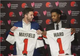  ?? PHIL LONG — THE ASSOCIATED PRESS ?? Browns first-round draft picks Baker Mayfield, left, and Denzel Ward will likely be players in the spotlight during filming of HBO’s “Hard Knocks” during training camp.