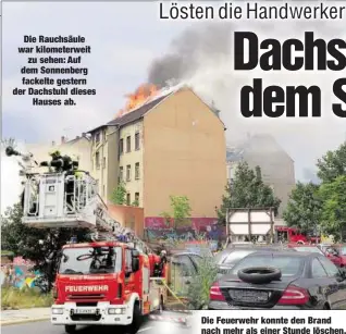  ??  ?? Die Rauchsäule war kilometerw­eit
zu sehen: Auf dem Sonnenberg fackelte gestern der Dachstuhl dieses
Hauses ab. Die Feuerwehr konnte den Brand nach mehr als einer Stunde löschen.