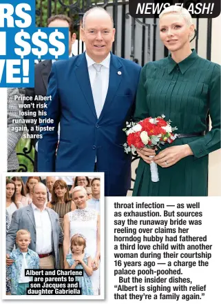  ?? ?? Prince Albert won’t risk losing his runaway bride again, a tipster
shares
Albert and Charlene are parents to son Jacques and daughter Gabriella