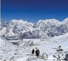  ??  ?? From left, hikers visit the village of Chhokkum Paro in the Tsum valley during a three-week plus trek in the Himalayas; a local in the village of Namrung, and the Larkya La pass.