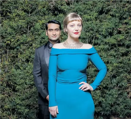  ?? Photograph­s by Jay L. Clendenin Los Angeles Times ?? THE MARRIED Hollywood team of Kumail Nanjiani and Emily V. Gordon at their L.A. home Saturday before the Governors Awards.