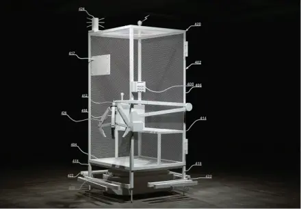  ?? ?? Simon Denny, Amazon worker cage patent drawing as virtual Aquatic Warbler cage ( 9,280,157 2: “System and method for transporti­ng personnel within an active workspace”, 2016), 2020, powder-coated metal, , i Augmented Reality interface, 293 × 222 × 253 cm. Collection Kunstsamml­ung Nordrhein-westfalen, Düsseldorf