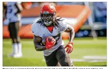  ?? ASSOCIATED PRESS ?? Browns running back Kareem Hunt runs the ball during practice on Monday. Hunt, suspended for the first eight games of the regular season, has missed much of camp with a groin injury.