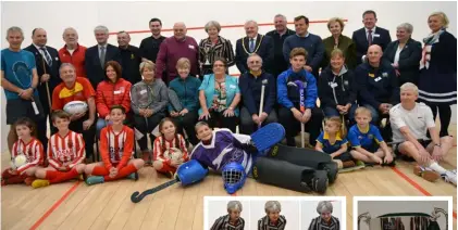  ?? Picture: Phil Creighton ?? Members of Berkshire County Sports Club with the Prime Minister and Wokingham Borough officers at the relaunch of two squash courts at Sonning venue, where she danced the floss (right) and presented a new cup to the club (far right)
