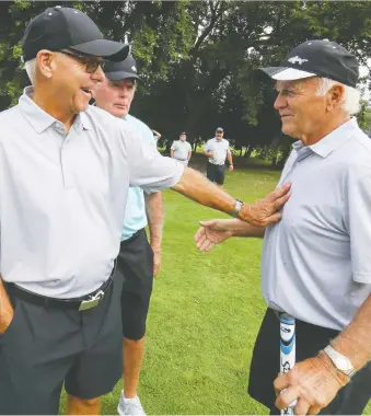  ?? JOHN MAHONEY ?? Former Montreal Canadiens, from left, Rejean Houle, Marc Tardif and Jacques Lemaire reunite at Serge Savard’s annual golf tournament at Islesmere Golf Club in Laval on Monday.