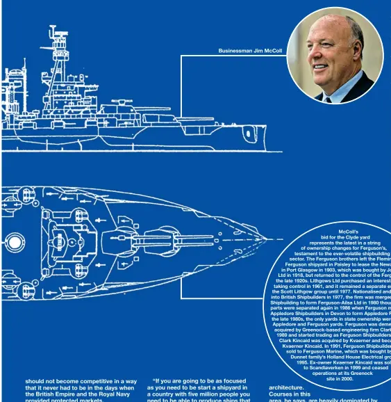  ??  ?? McColl’s bid for the Clyde yard represents the latest in a string of ownership changes for Ferguson’s, testament to the ever-volatile shipbuildi­ng sector. The Ferguson brothers left the Fleming &amp; Ferguson shipyard in Paisley to lease the Newark yard in Port Glasgow in 1903, which was bought by John Slater Ltd in 1918, but returned to the control of the Fergusons in the late 1920s. Lithgows Ltd purchased an interest in 1955, taking control in 1961, and it remained a separate entity within the Scott Lithgow group until 1977. Nationalis­ed and subsumed into British Shipbuilde­rs in 1977, the firm was merged with Ailsa Shipbuildi­ng to form Ferguson-Ailsa Ltd in 1980 though the two parts were separated again in 1986 when Ferguson merged with Appledore Shipbuilde­rs in Devon to form Appledore Ferguson. By the late 1980s, the only yards in state ownership were the small Appledore and Ferguson yards. Ferguson was demerged and acquired by Greenock-based engineerin­g firm Clark Kincaid in 1989 and started trading as Ferguson Shipbuilde­rs. In 1990, Clark Kincaid was acquired by Kvaerner and became Kvaerner Kincaid. In 1991, Ferguson Shipbuilde­rs was sold to Ferguson Marine, which was bought by the Dunnet family’s Holland House Electrical group in 1995. Ex-owner Kvaerner Kincaid was sold to Scandiaver­ken in 1999 and ceased operations at its Greenocksi­te in 2000.