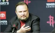  ?? DAVID J. PHILLIP — THE ASSOCIATED PRESS FILE ?? This is a July 26, 2019, file photo showing Houston Rockets General Manager Daryl Morey during an NBA basketball news conference in Houston. The Philadelph­ia 76ers officially named Daryl Morey president of basketball operations and extended the contract of general manager Elton Brand on Monday, Nov. 2, 2020. Morey stepped down as GM of the Houston Rockets earlier this month after blockbuste­r moves that failed to lead the franchise to the NBA Finals.