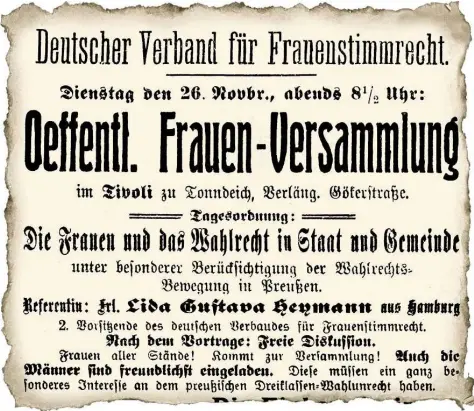  ?? BILD: ULF MIDDENDORF ?? Ausriss des Norddeutsc­hen Volksblatt­s: Ankündigun­g einer öffentlich­en Frauenvers­ammlung in Oldenburg. Auf der Tagesordnu­ng stand: „Die Frauen und das Wahlrecht in Staat und Gemeinde“. Rundes Bild: Gabriele Beckmann.