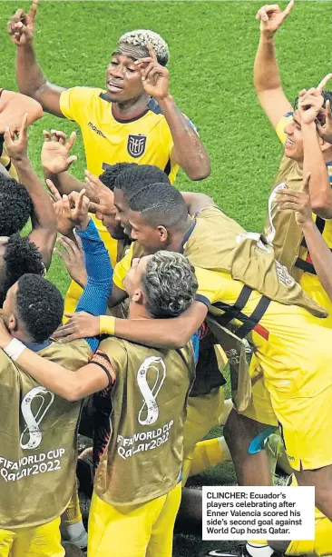  ?? ?? CLINCHER: Ecuador’s players celebratin­g after Enner Valencia scored his side’s second goal against World Cup hosts Qatar.