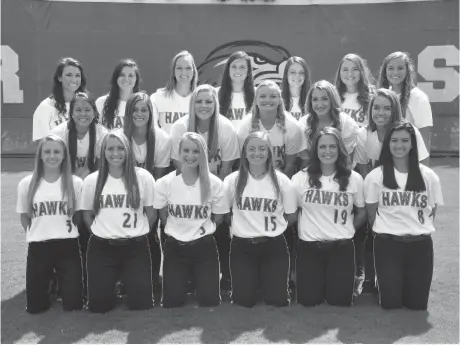  ??  ?? Two former Gordon Lee Lady Trojans, sophomore Tiffany Holland (front row, far left) and senior Kalei (Kimbrell) Clark (top row, far left), will help lead the Shorter Hawks into the 2017 softball season. (Photo courtesy/Shorter University)