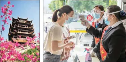  ??  ?? Wuhan’s landmark Yellow Crane Tower. Tourists have their temperatur­es taken at the entrance of Yichang’s Tribe of the Three Gorges scenic area.