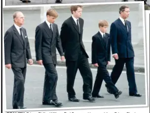  ?? ?? REALITY: Prince Philip, William, Earl Spencer, Harry and then-Prince Charles walk behind Diana, the Princess of Wales’ funeral cortege in London in 1997