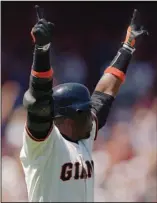  ?? (AP file photo) ?? On this date in 1996, Barry Bonds became the fourth major leaguer with 300 home runs and 300 stolen bases. Bonds joined his father Bobby Bonds, godfather Willie Mays and Andre Dawson to reach the milestone at the time.